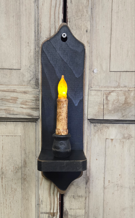 Distressed Black Wooden Wide Wall Taper Sconce