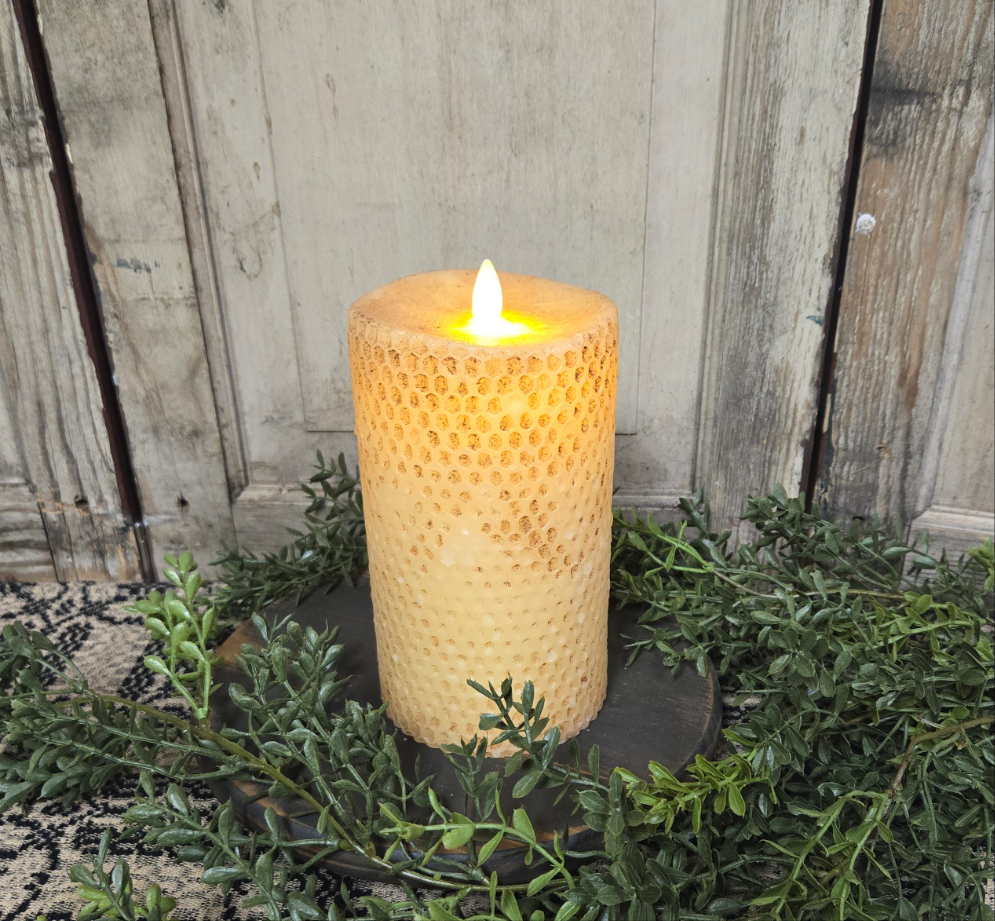 7" moving flame beeswax honeycomb pillar in burnt ivory 