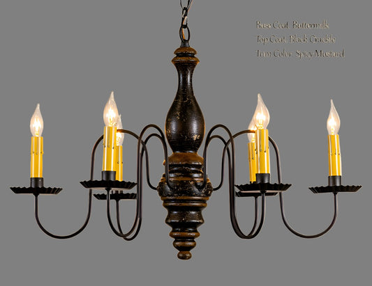 Anderson House Wooden Chandelier Black Crackle over Buttermilk with Spicy Mustard Trim