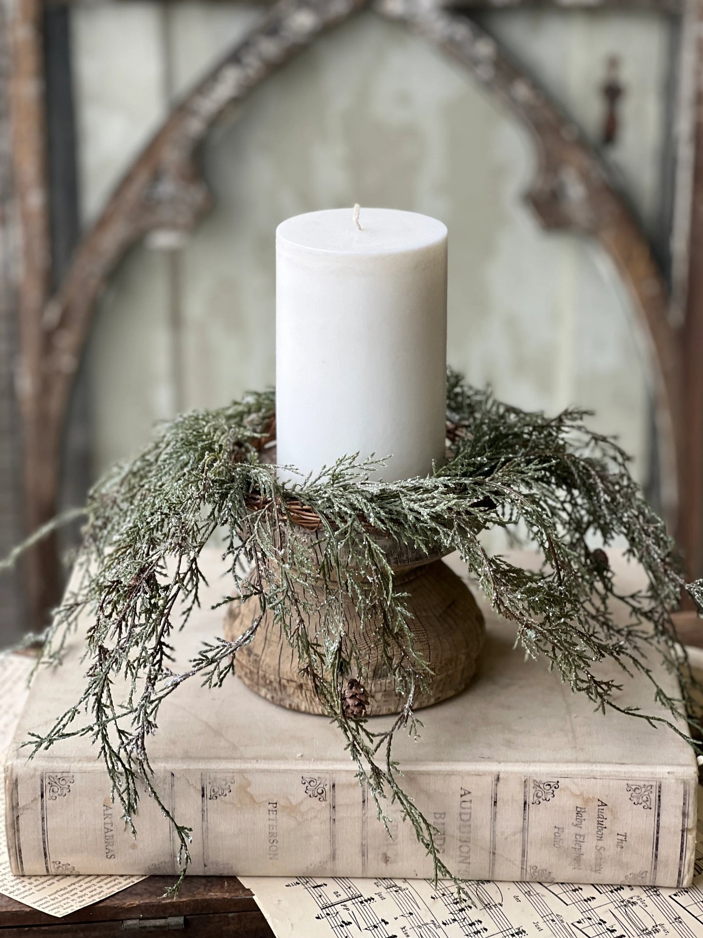 Weeping Cedar Candle Ring | Snow | 14"