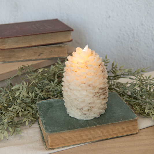6" MOVING FLAME CREAM PINECONE CANDLE