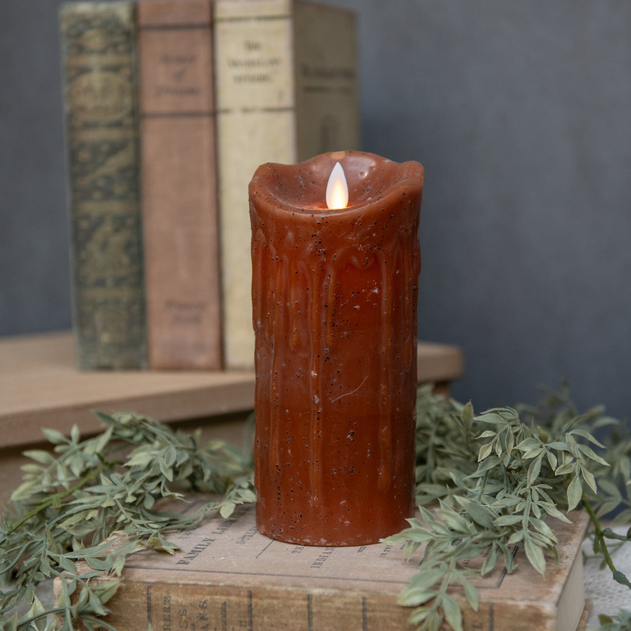 7" moving flame bronze pillar candle with timer feature