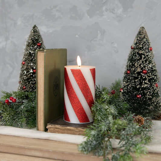 5" RED 3D FLAME CANDY CANE PILLAR CANDLE