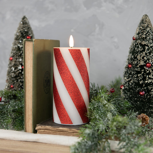 6" RED 3D FLAME CANDY CANE PILLAR CANDLE