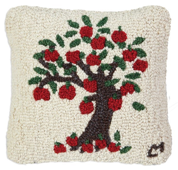 Primitive hooked pillow with apple tree