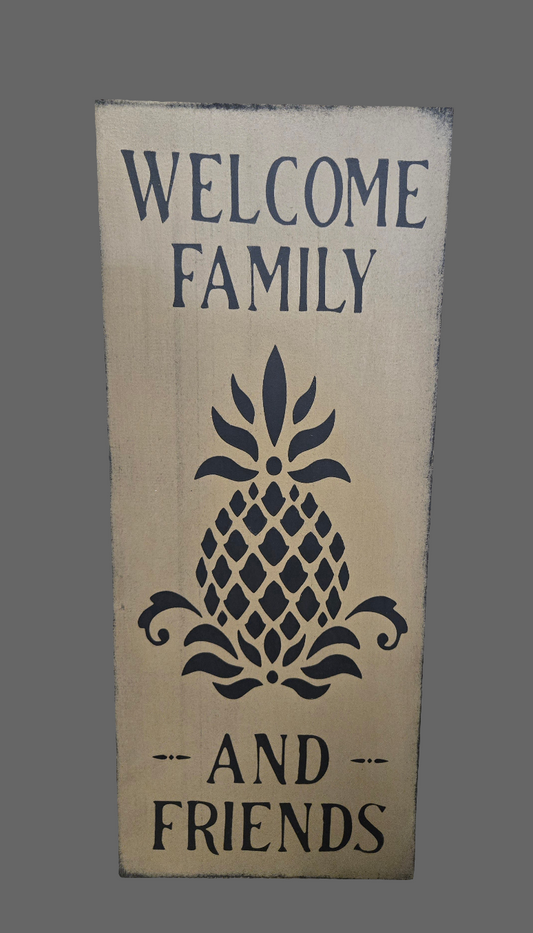 Welcome Family and Friends Wood Sign - Mustard