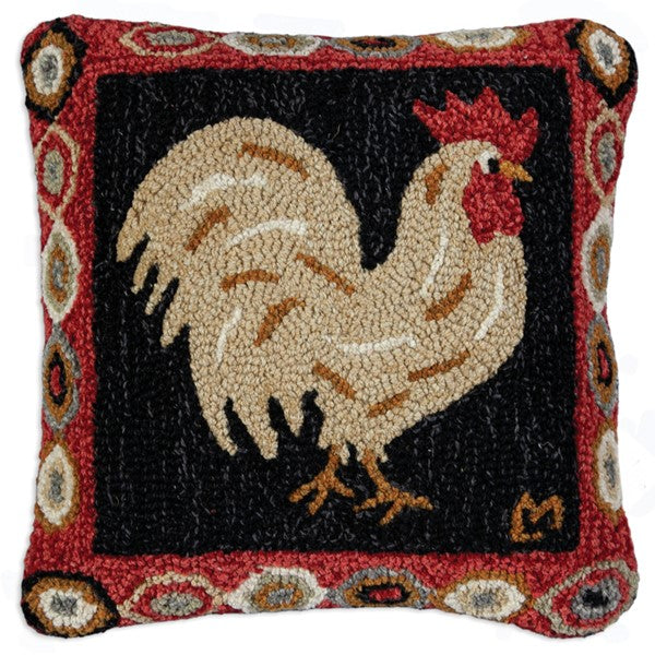 Primitive hooked pillow with brown rooster 