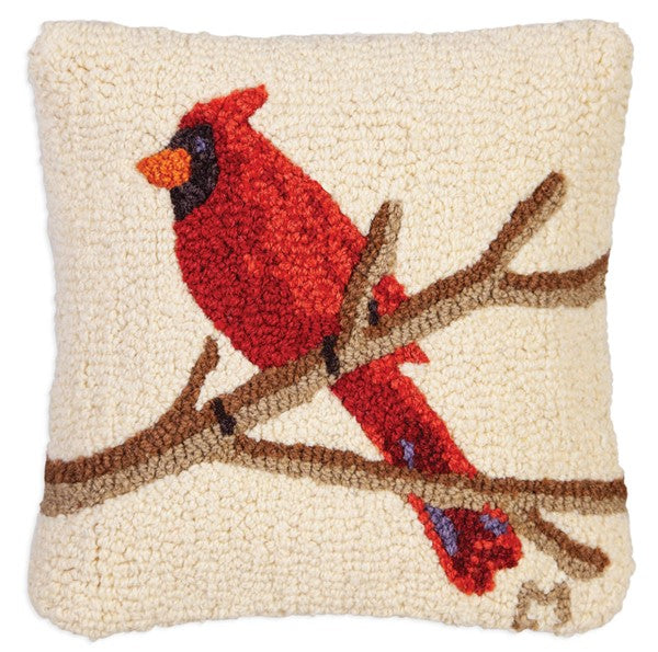 Primitive hooked pillow with cardinal on branch 