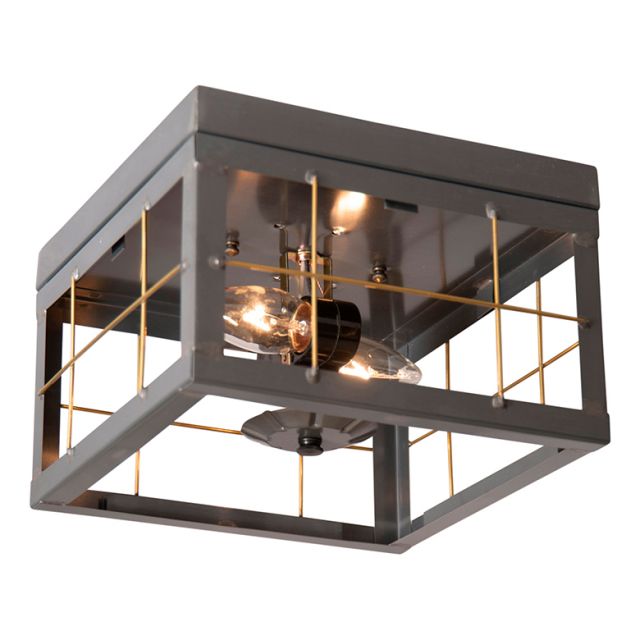 Flush Mount Double Ceiling Light with Brass Bars in Country Tin