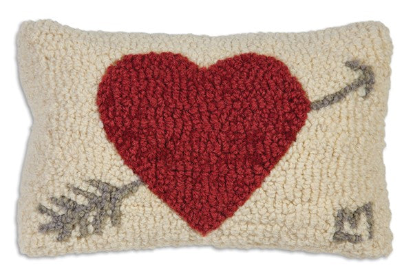 Primitive hooked pillow with red heart and arrow 