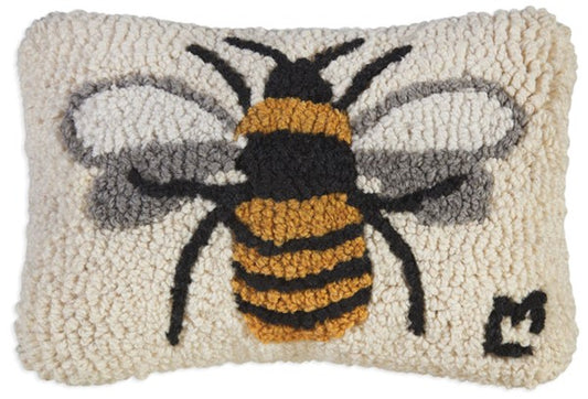 Primitive hooked pillow with bumble bee