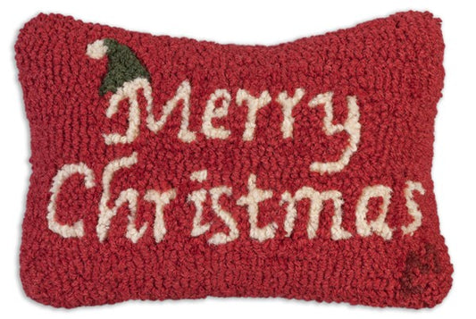 Primitive hooked pillow that says merry Christmas 