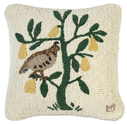 Primitive hooked pillow with partridge in a pear tree