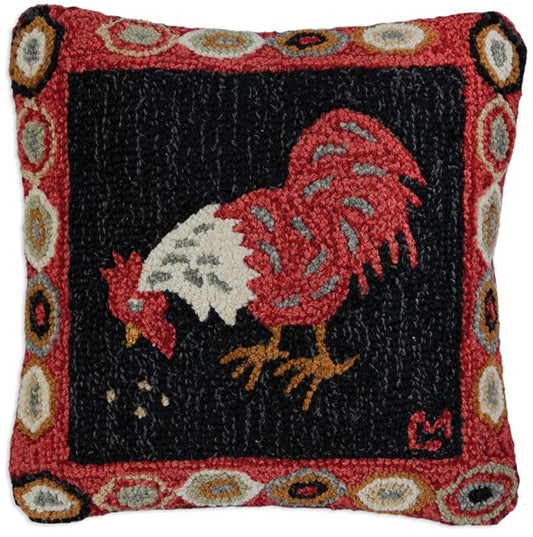 Primitive hooked pillow with red rooster 