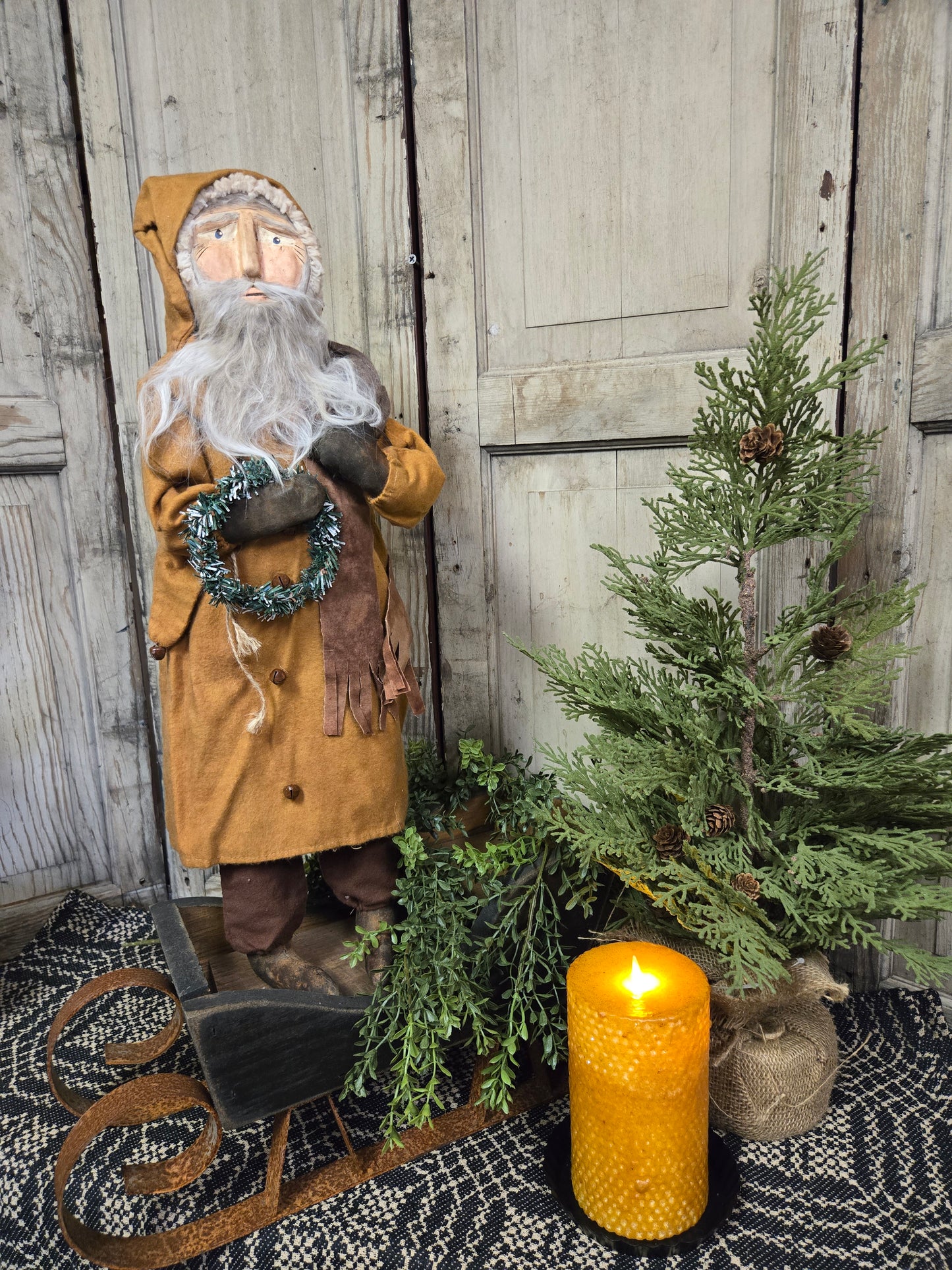 Primitive Santa with Wreath and Sack Wearing Brown Pants