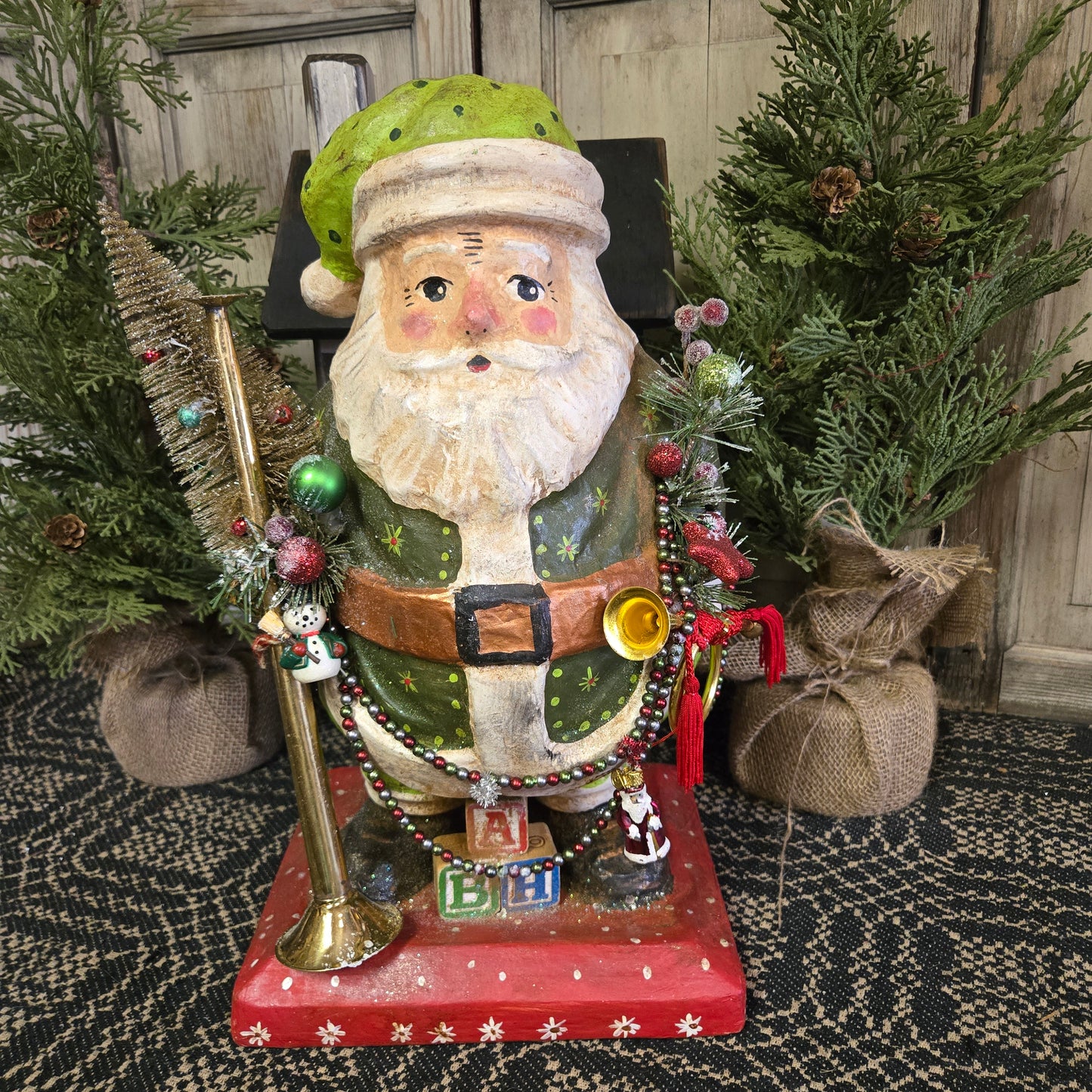 Krisnick Paper Mache Green Santa with Instruments