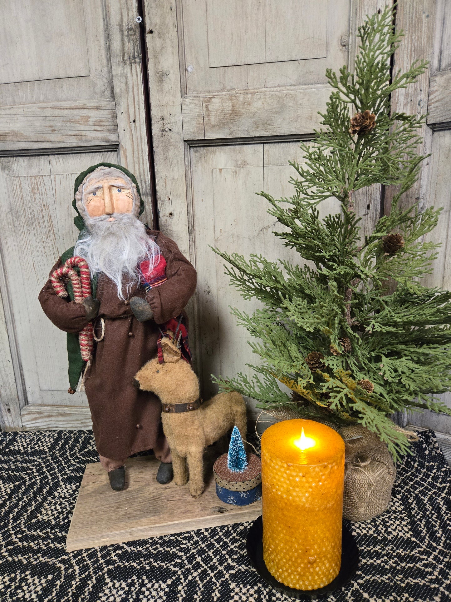 Primitive Santa with Reindeer and Candy Canes