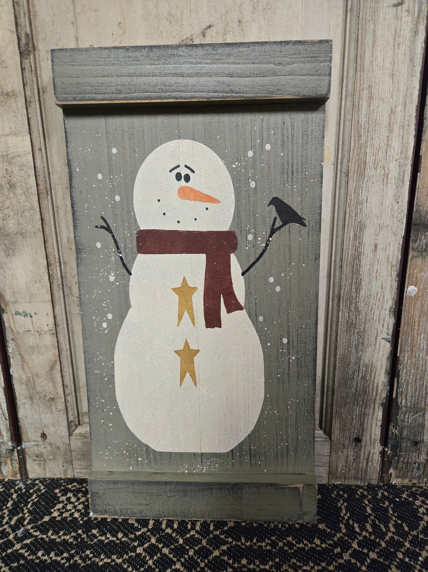 Snowman with Scarf and Blackbird Wood Sign