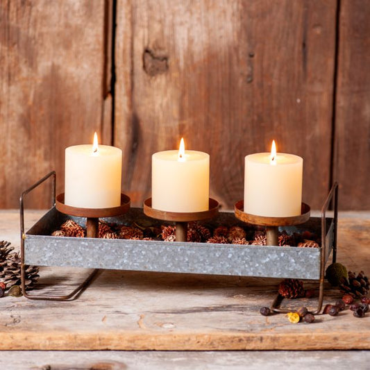 Rustic 3-Pillar Candle Holder Metal Tray