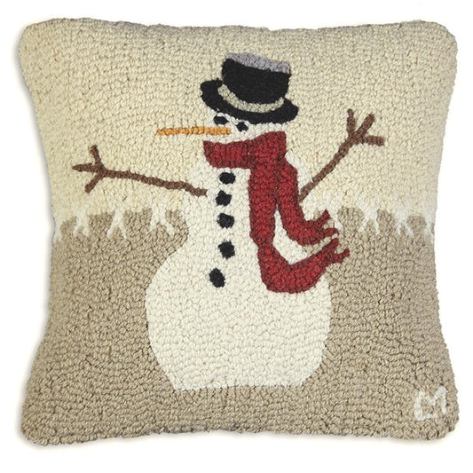 Primitive hooked pillow with snowman wearing red scarf and black top hat